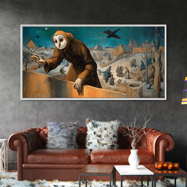 The Owl-Faced Omen, Northern Renaissance Horror, Wide Panoramic Art, Dark Halloween Decor, Canvas Print, Halloween Wall Art