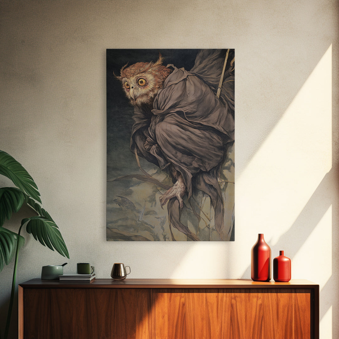 The Owl-Faced Omen, Dark Renaissance Art, Vertical Wall Art, Dark Halloween Decor, Framed Canvas Print, Halloween Wall Art