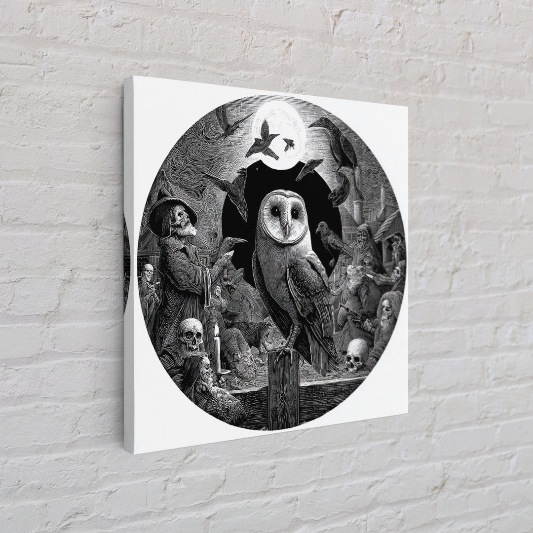 The Owl-Faced Omen, Danse Macabre Art, Square Wall Art, Macabre Wall Art, Framed Canvas Print, Halloween Wall Art