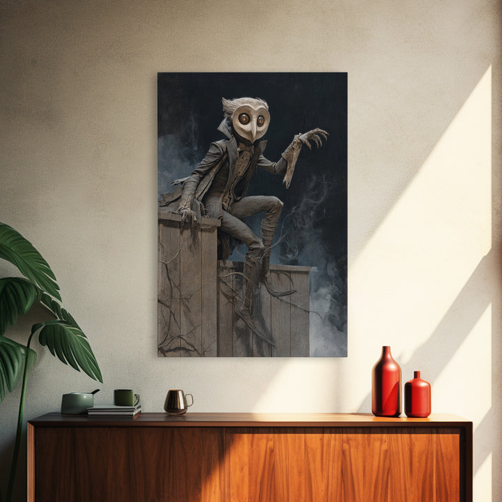 The Owl-Faced Omen, Gothic Nightmare Art, Vertical Wall Art, Dark Halloween Decor, Framed Canvas Print, Halloween Wall Art