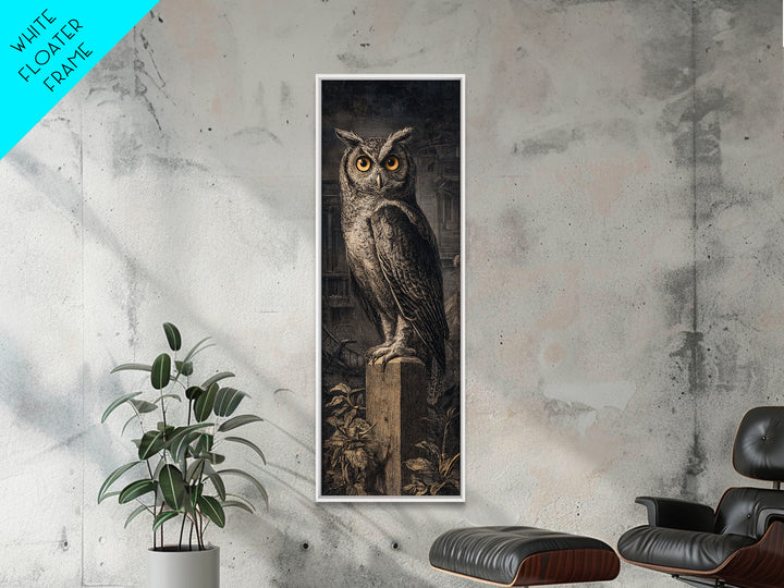 The Owl-Faced Omen, Architectural Etching Art, Tall Narrow Wall Art, Dark Fantasy Wall Art, Canvas Print, Halloween Wall Art
