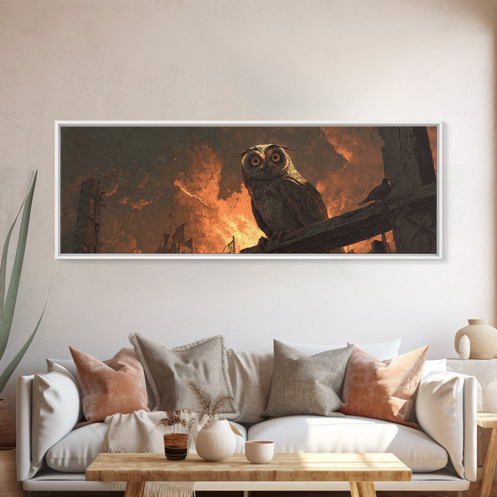 The Owl-Faced Omen, Apocalyptic Romantic Art, Extra Wide Wall Art, Gothic Horror Wall Art, Framed Canvas Print, Halloween Wall Art