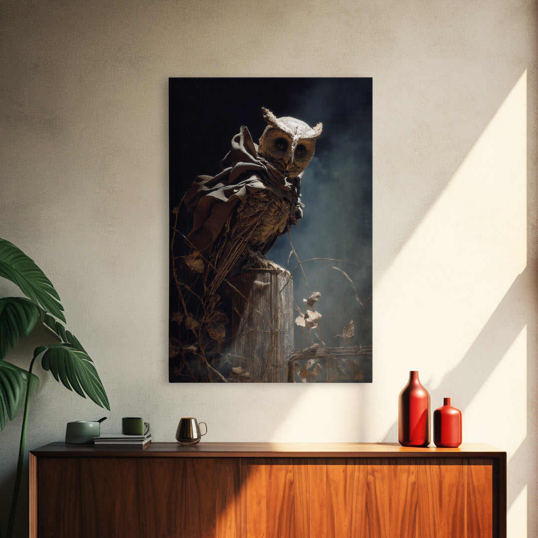 The Owl-Faced Omen, Ornate Symbolist Art, Vertical Wall Art, Macabre Wall Art, Canvas Print, Halloween Wall Art, Horror Wall Art