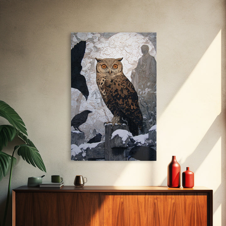 The Owl-Faced Omen, Symbolist Death Art, Vertical Wall Art, Dark Halloween Decor, Canvas Print, Halloween Wall Art