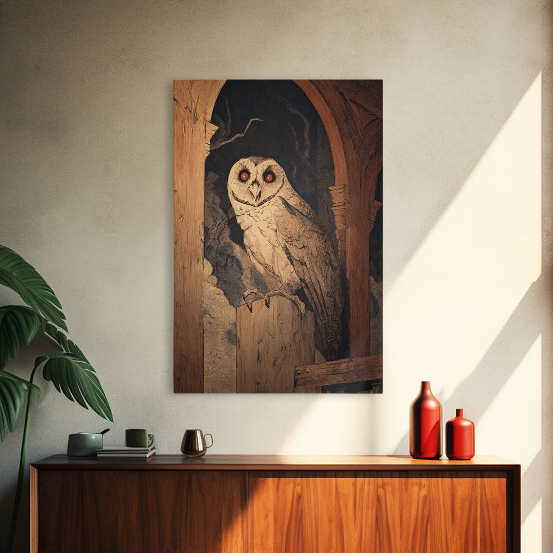 The Owl-Faced Omen, Symbolist Etching Art, Vertical Wall Art, Gothic Horror Wall Art, Canvas Print, Halloween Wall Art, Gothic Home Decor