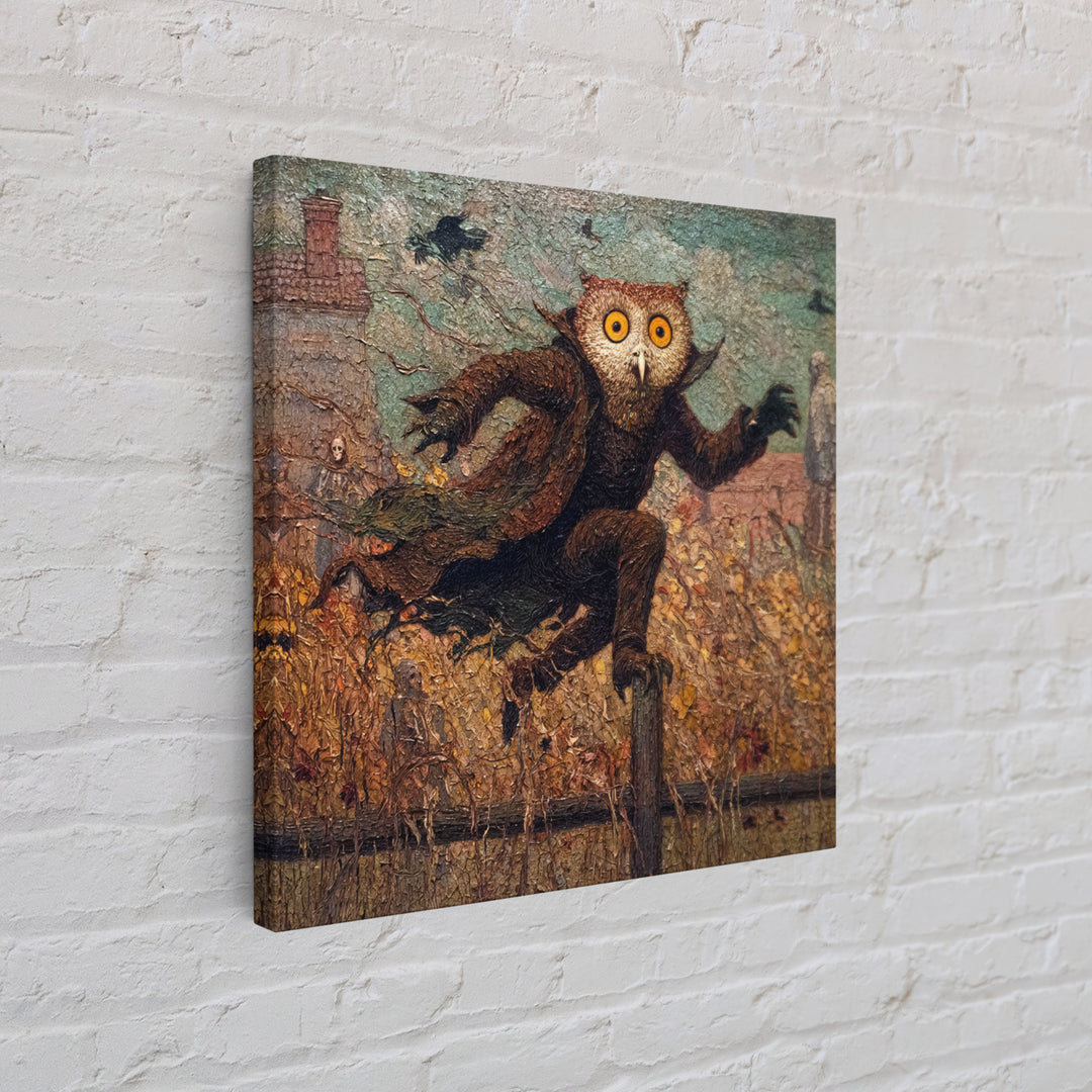 The Owl-Faced Omen, Grotesque Carnival Art, Square Wall Art, Macabre Wall Art, Framed Canvas Print, Halloween Wall Art, Spooky Wall Decor