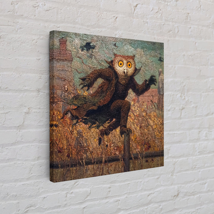 The Owl-Faced Omen, Grotesque Carnival Art, Square Wall Art, Macabre Wall Art, Framed Canvas Print, Halloween Wall Art, Spooky Wall Decor