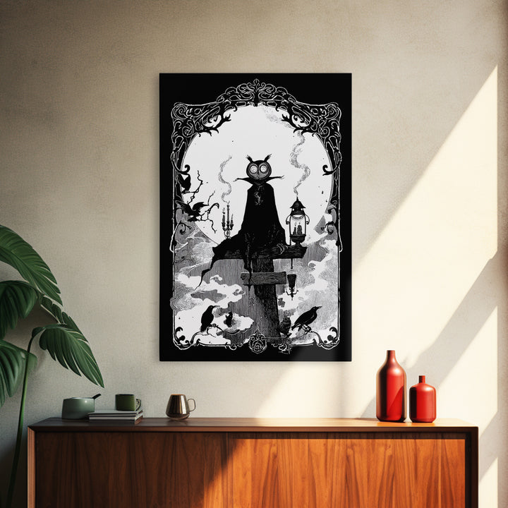 The Owl-Faced Omen, Decadent Line Art, Vertical Wall Art, Gothic Horror Wall Art, Canvas Print, Halloween Wall Art