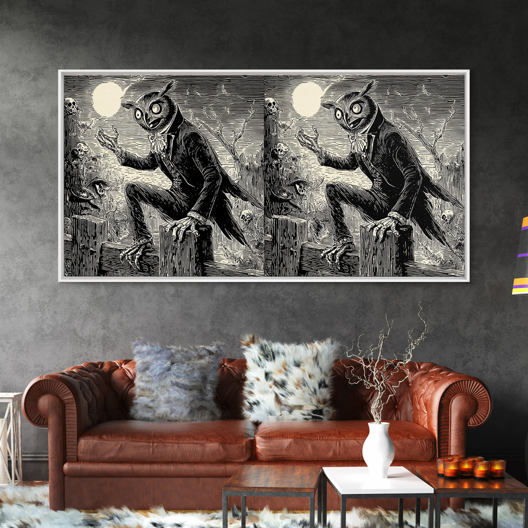 The Owl-Faced Omen, Macabre Folk Print Art, Wide Panoramic Art, Gothic Horror Wall Art, Canvas Print, Halloween Wall Art