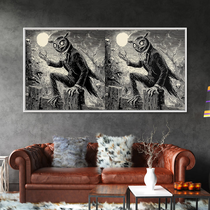 The Owl-Faced Omen, Macabre Folk Print Art, Wide Panoramic Art, Gothic Horror Wall Art, Canvas Print, Halloween Wall Art
