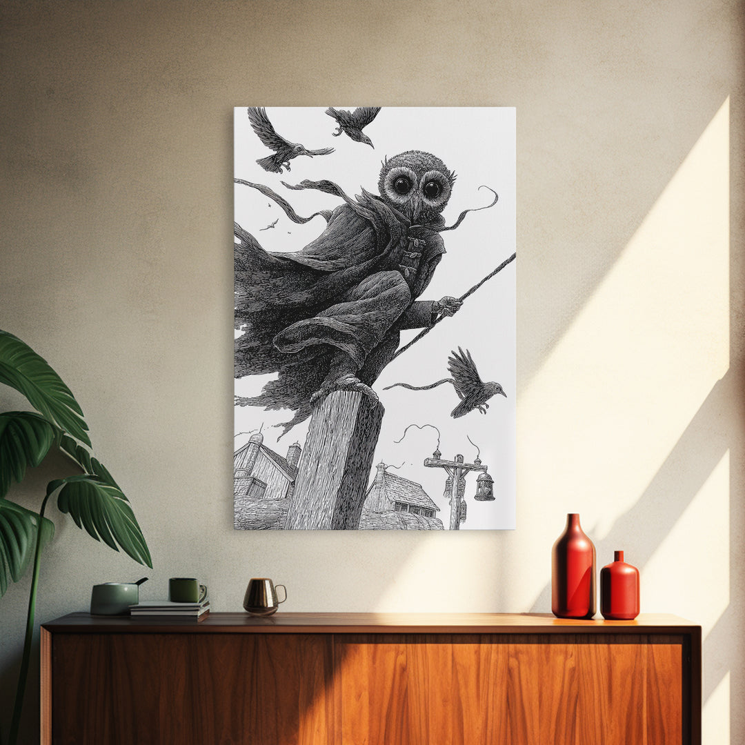 The Owl-Faced Omen, Victorian Macabre Art, Vertical Wall Art, Dark Halloween Decor, Framed Canvas Print, Halloween Wall Art