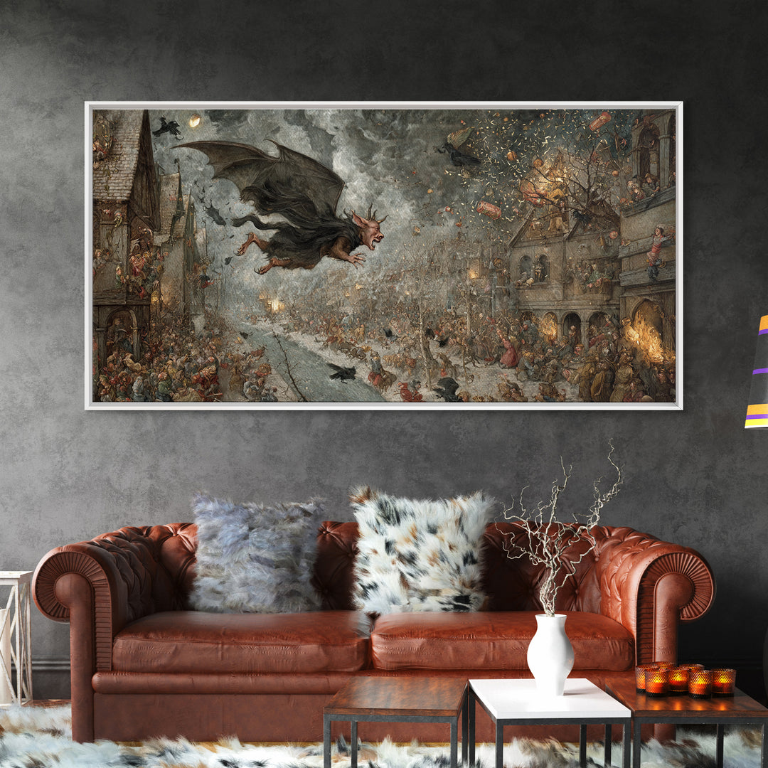 The Bat-Winged Imp, Northern Renaissance Horror, Wide Panoramic Art, Macabre Wall Art, Framed Canvas Print, Halloween Wall Art