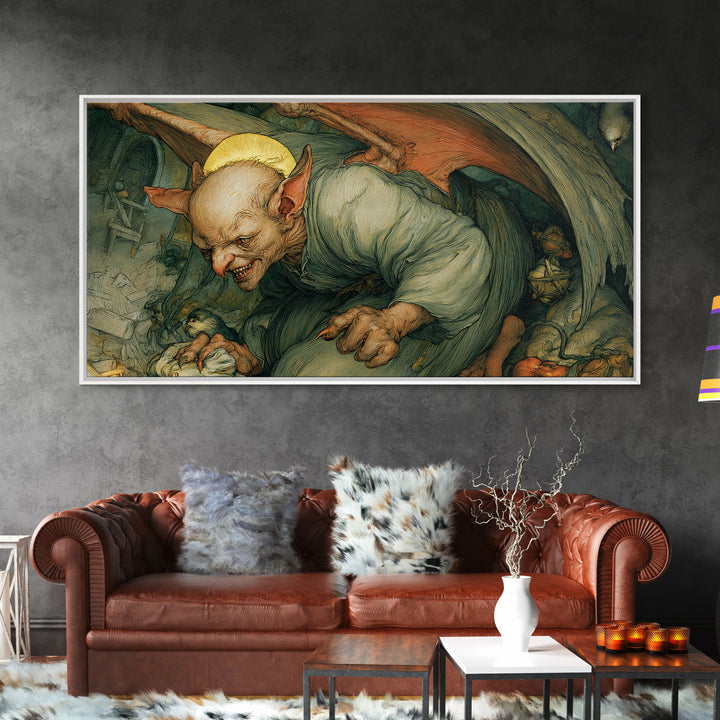 The Bat-Winged Imp, Dark Renaissance Art, Wide Panoramic Art, Macabre Wall Art, Canvas Print, Halloween Wall Art