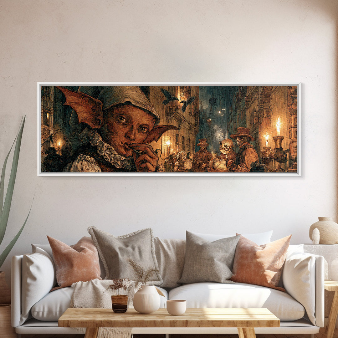 The Bat-Winged Imp, Danse Macabre Art, Extra Wide Wall Art, Macabre Wall Art, Canvas Print, Halloween Wall Art
