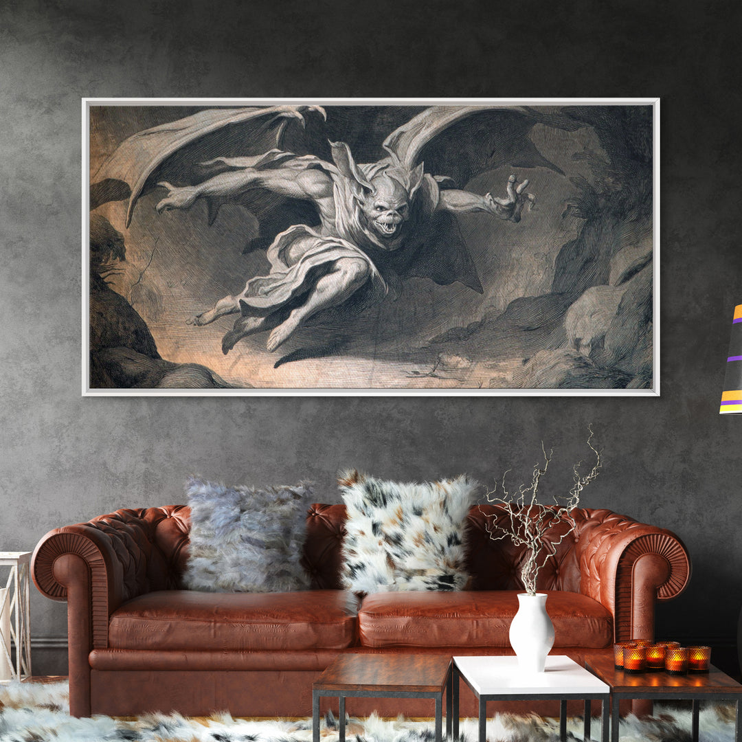 The Bat-Winged Imp, Gothic Nightmare Art, Wide Panoramic Art, Macabre Wall Art, Framed Canvas Print, Halloween Wall Art