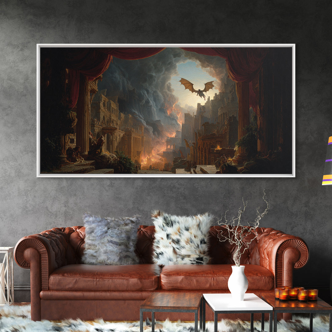 The Bat-Winged Imp, Apocalyptic Romantic Art, Wide Panoramic Art, Gothic Horror Wall Art, Framed Canvas Print, Halloween Wall Art