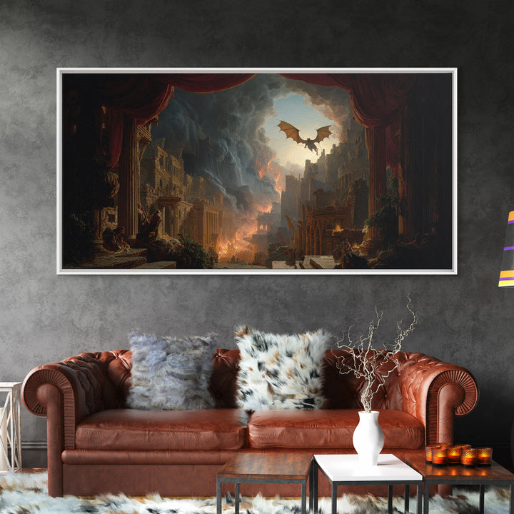 The Bat-Winged Imp, Apocalyptic Romantic Art, Wide Panoramic Art, Gothic Horror Wall Art, Framed Canvas Print, Halloween Wall Art