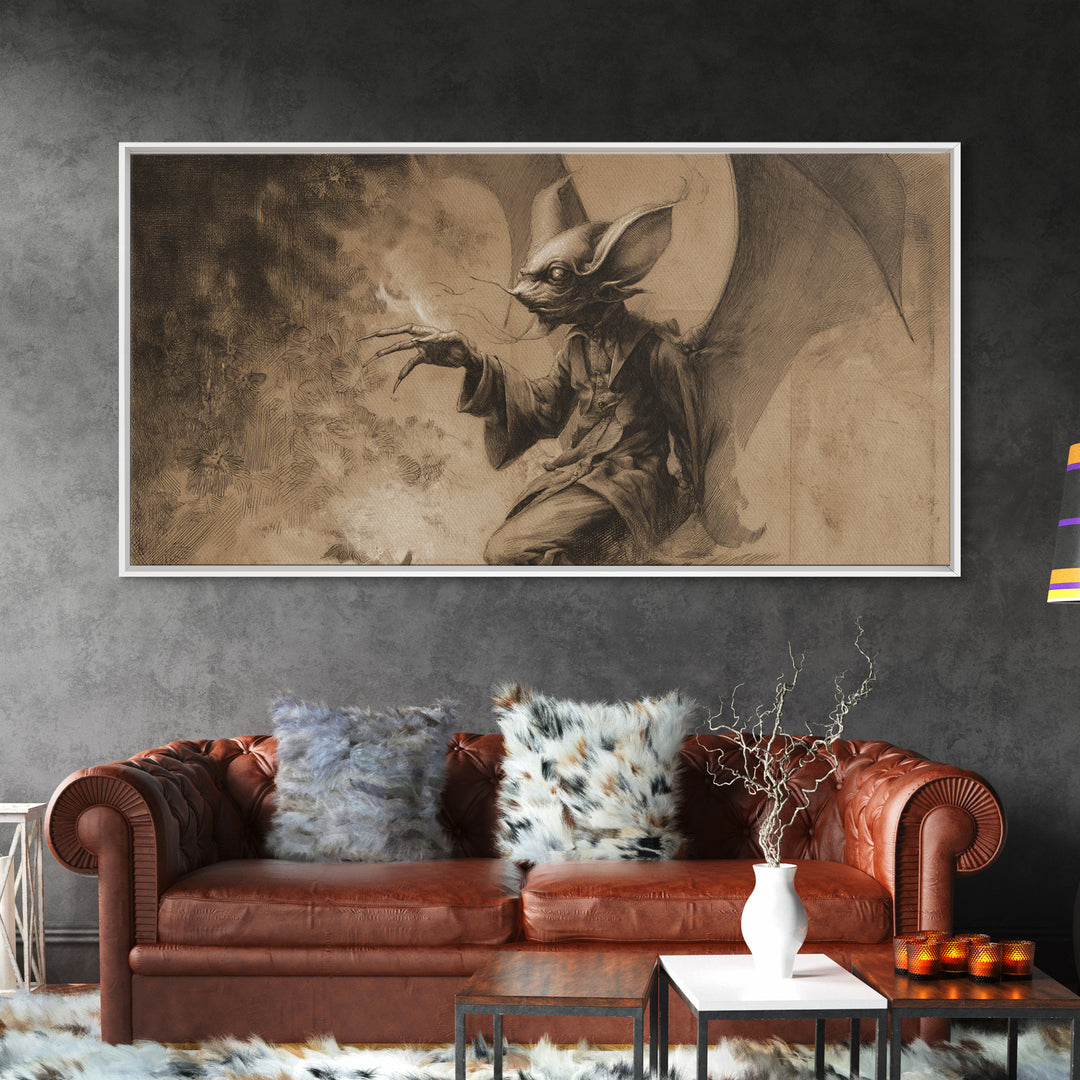 The Bat-Winged Imp, Symbolist Dream Art, Wide Panoramic Art, Dark Halloween Decor, Canvas Print, Halloween Wall Art