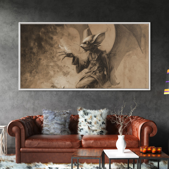 The Bat-Winged Imp, Symbolist Dream Art, Wide Panoramic Art, Dark Halloween Decor, Canvas Print, Halloween Wall Art