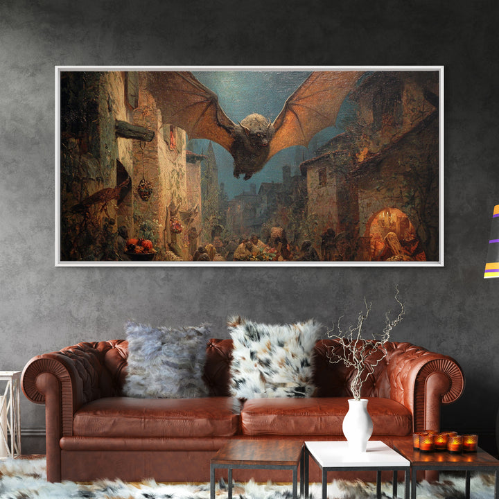 The Bat-Winged Imp, Ornate Symbolist Art, Wide Panoramic Art, Macabre Wall Art, Framed Canvas Print, Halloween Wall Art