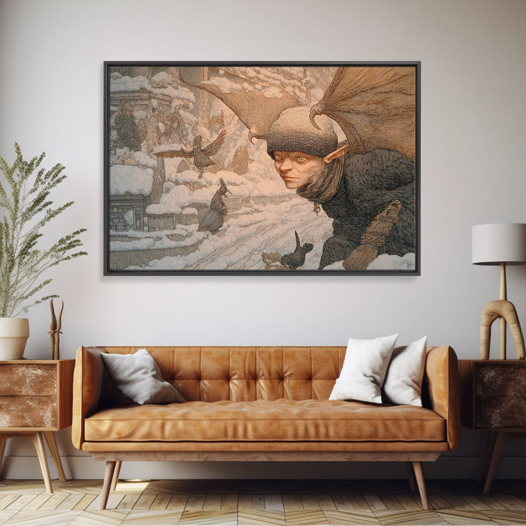 The Bat-Winged Imp, Symbolist Death Art, Landscape Wall Art, Dark Halloween Decor, Framed Canvas Print, Halloween Wall Art