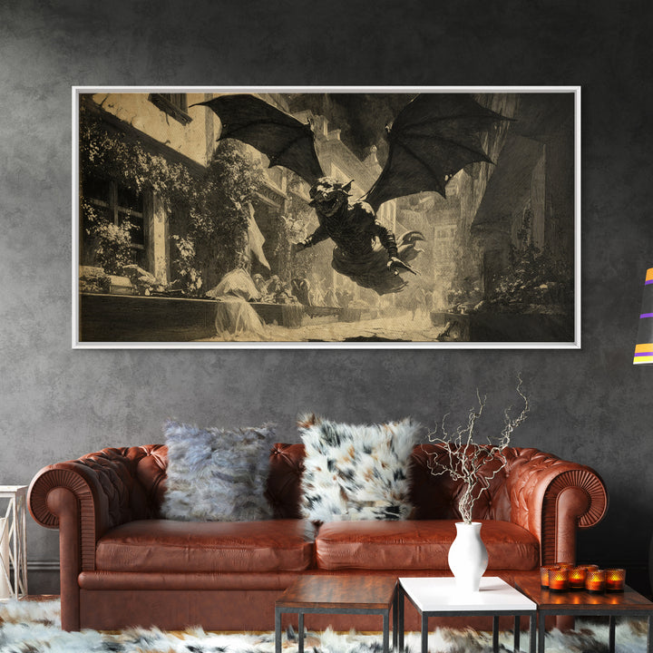 The Bat-Winged Imp, Dark Symbolist Art, Wide Panoramic Art, Dark Halloween Decor, Canvas Print, Halloween Wall Art