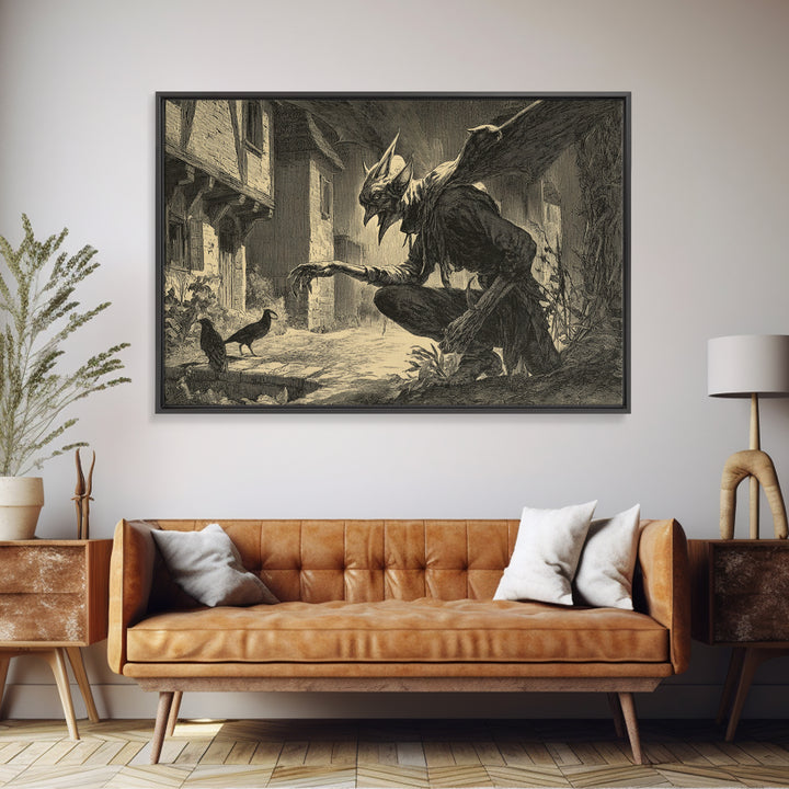 The Bat-Winged Imp, Symbolist Etching Art, Landscape Wall Art, Macabre Wall Art, Framed Canvas Print, Halloween Wall Art