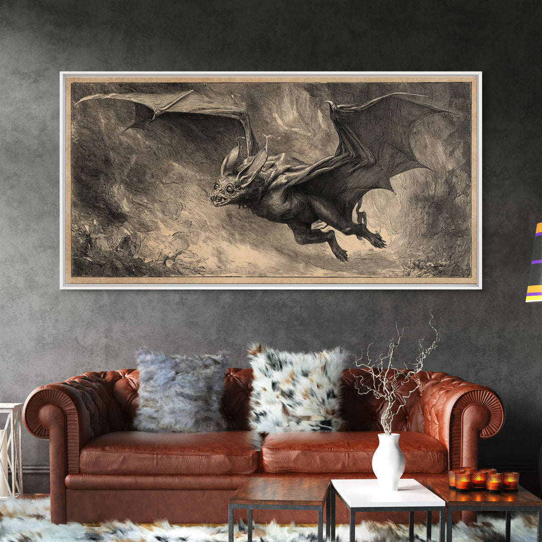 The Bat-Winged Imp, Expressionist Nightmare Art, Wide Panoramic Art, Dark Fantasy Wall Art, Framed Canvas Print, Halloween Wall Art