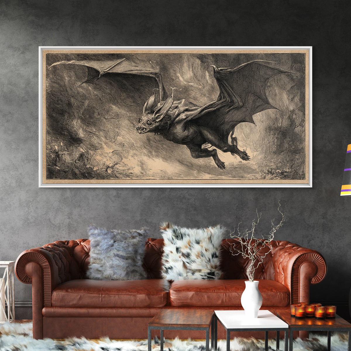 The Bat-Winged Imp, Expressionist Nightmare Art, Wide Panoramic Art, Dark Fantasy Wall Art, Framed Canvas Print, Halloween Wall Art