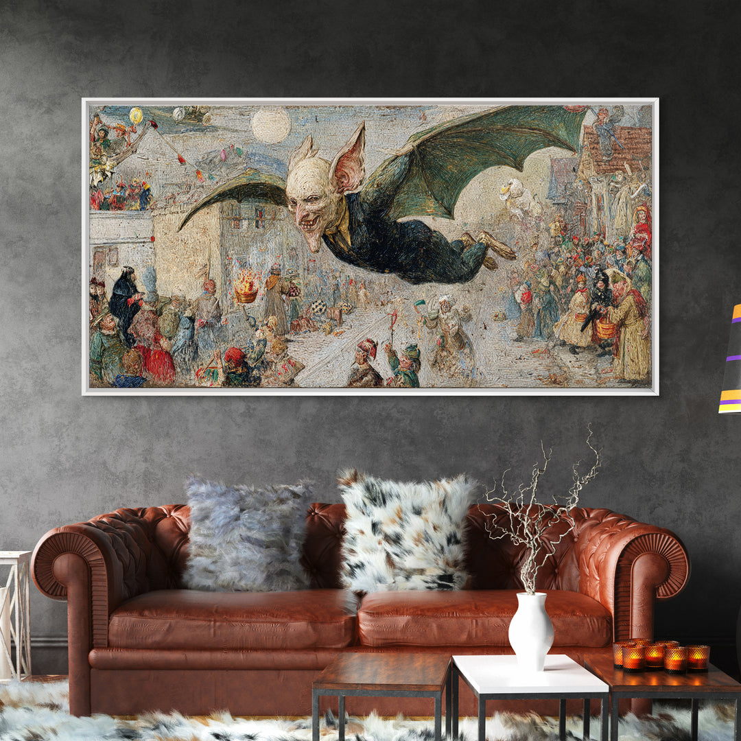 The Bat-Winged Imp, Grotesque Carnival Art, Wide Panoramic Art, Macabre Wall Art, Framed Canvas Print, Halloween Wall Art, Halloween Decor