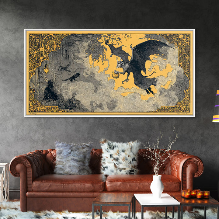 The Bat-Winged Imp, Decadent Line Art, Wide Panoramic Art, Macabre Wall Art, Framed Canvas Print, Halloween Wall Art