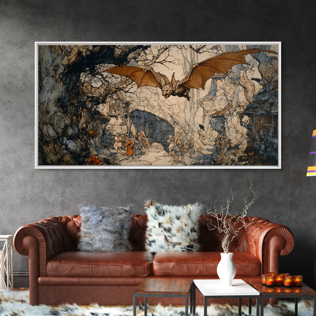 The Bat-Winged Imp, Gothic Storybook Art, Wide Panoramic Art, Dark Fantasy Wall Art, Framed Canvas Print, Halloween Wall Art