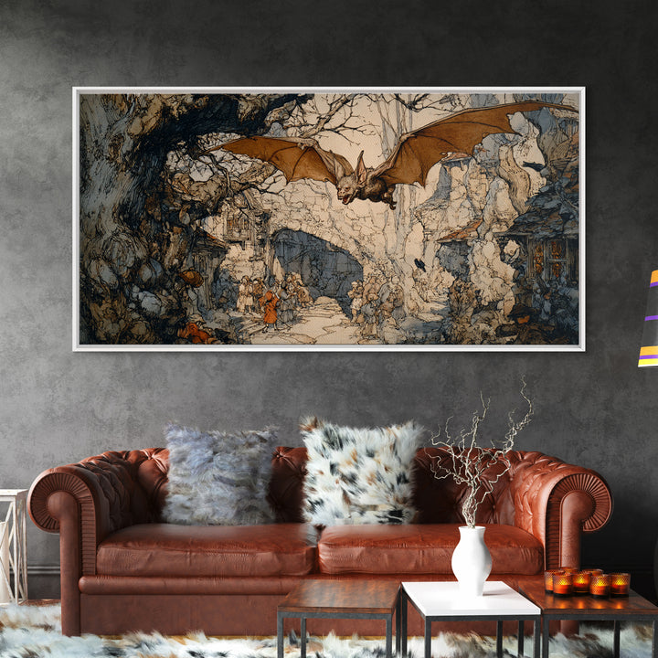 The Bat-Winged Imp, Gothic Storybook Art, Wide Panoramic Art, Dark Fantasy Wall Art, Framed Canvas Print, Halloween Wall Art