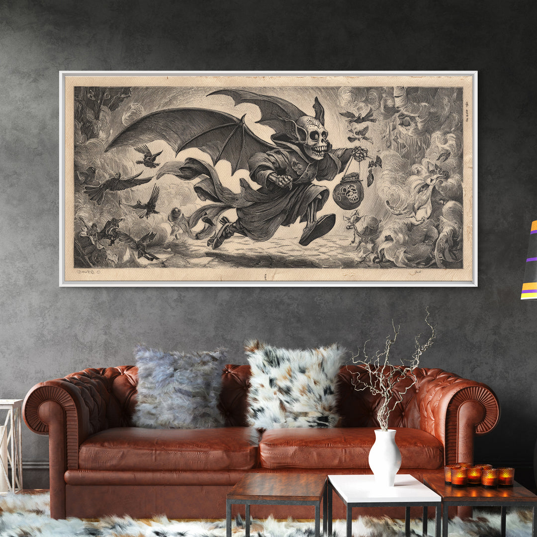 The Bat-Winged Imp, Macabre Folk Print Art, Wide Panoramic Art, Dark Halloween Decor, Framed Canvas Print, Halloween Wall Art
