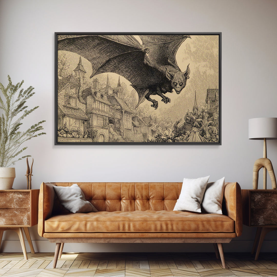 The Bat-Winged Imp, Victorian Macabre Art, Landscape Wall Art, Gothic Horror Wall Art, Framed Canvas Print, Halloween Wall Art