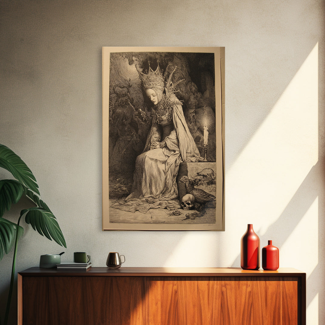 The Spider Queen, Renaissance Engraving Art, Vertical Wall Art, Dark Halloween Decor, Framed Canvas Print, Halloween Wall Art
