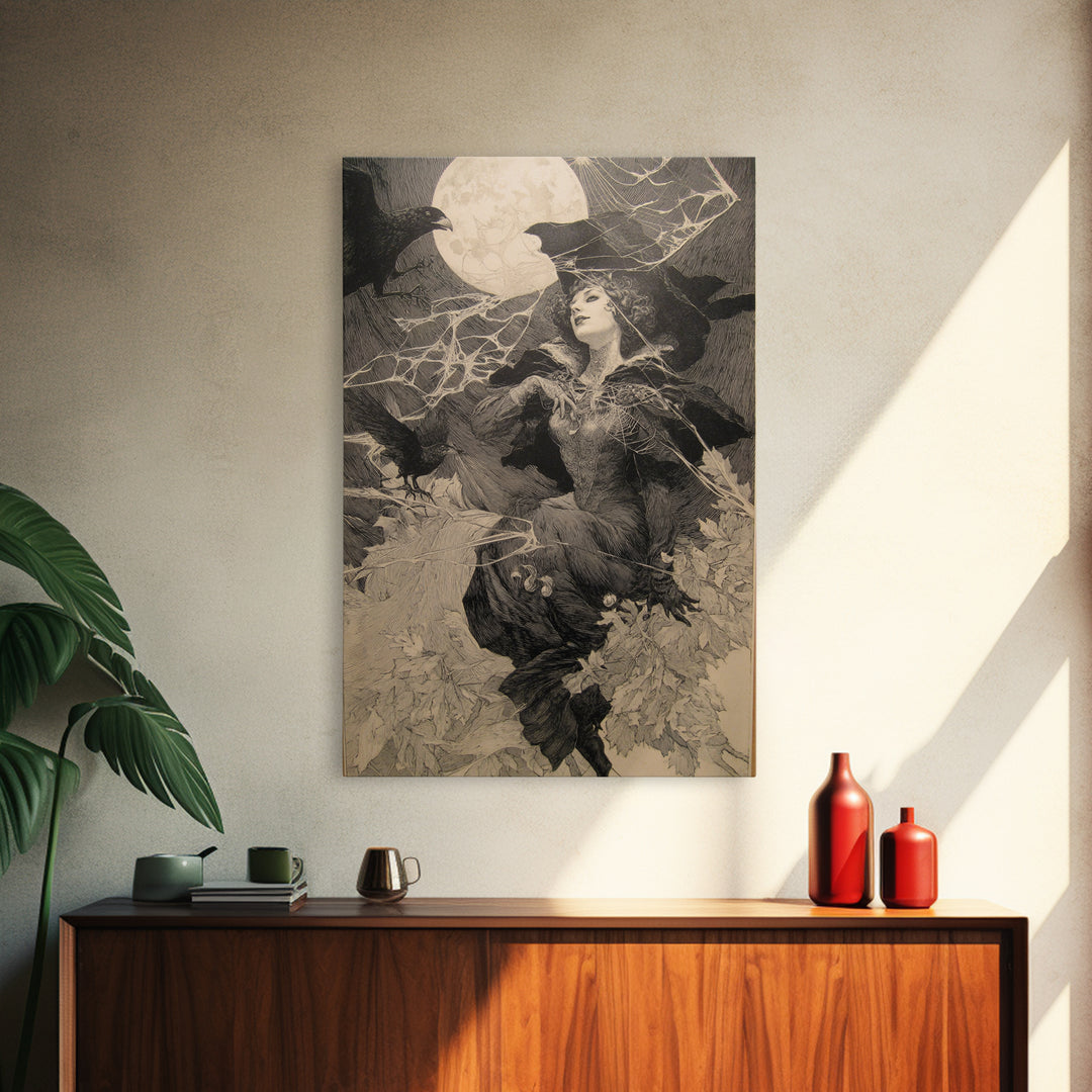 The Spider Queen, Symbolist Etching Art, Vertical Wall Art, Dark Fantasy Wall Art, Framed Canvas Print, Halloween Wall Art