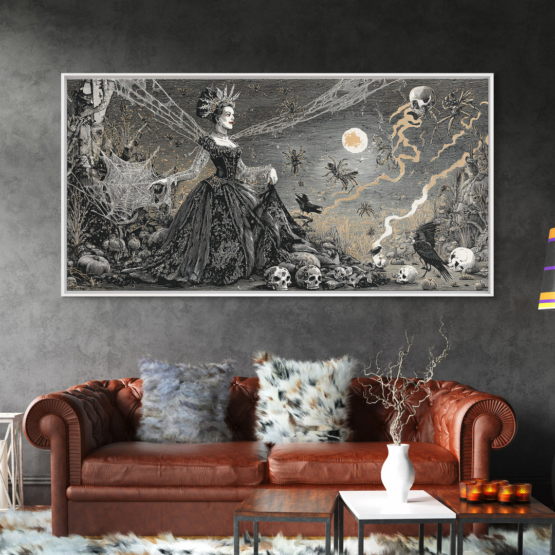 The Spider Queen, Macabre Folk Print Art, Wide Panoramic Art, Dark Halloween Decor, Canvas Print, Halloween Wall Art