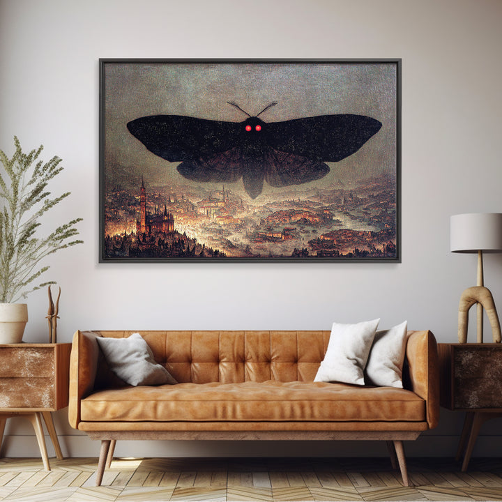 The Red-Eyed Moth Creature, Medieval Grotesque Art, Landscape Wall Art, Dark Fantasy Wall Art, Framed Canvas Print, Dark Fantasy Art