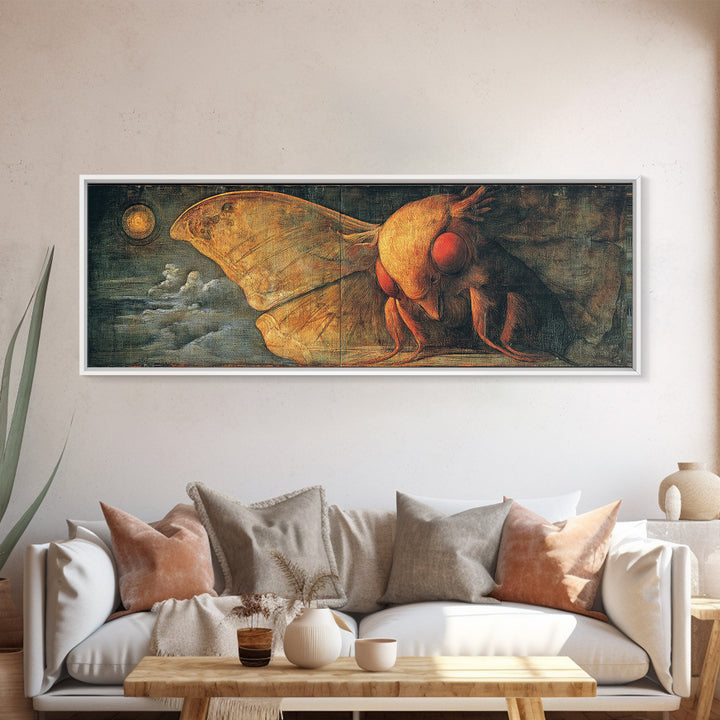 The Red-Eyed Moth Creature, Dark Renaissance Art, Extra Wide Wall Art, Dark Fantasy Wall Art, Canvas Print, Halloween Wall Art