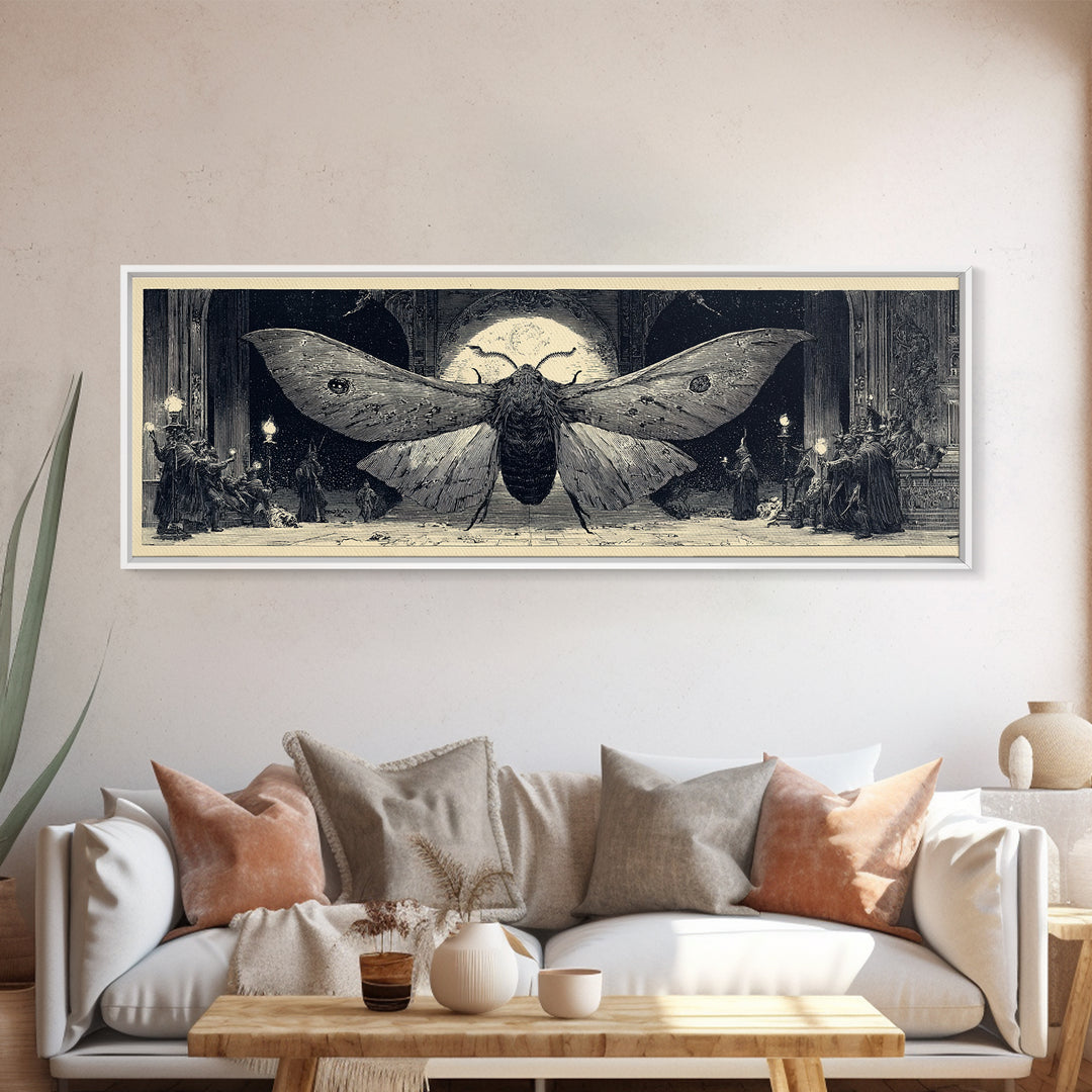 The Red-Eyed Moth Creature, Renaissance Engraving Art, Extra Wide Wall Art, Dark Halloween Decor, Canvas Print, Halloween Wall Art
