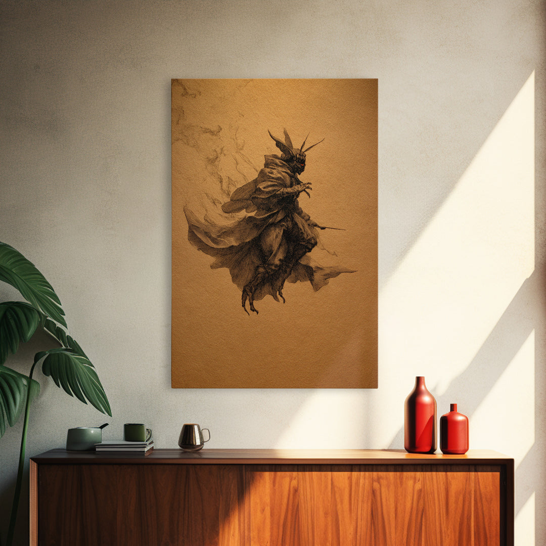 The Red-Eyed Moth Creature, Baroque Witchcraft Art, Vertical Wall Art, Dark Halloween Decor, Canvas Print, Halloween Wall Art