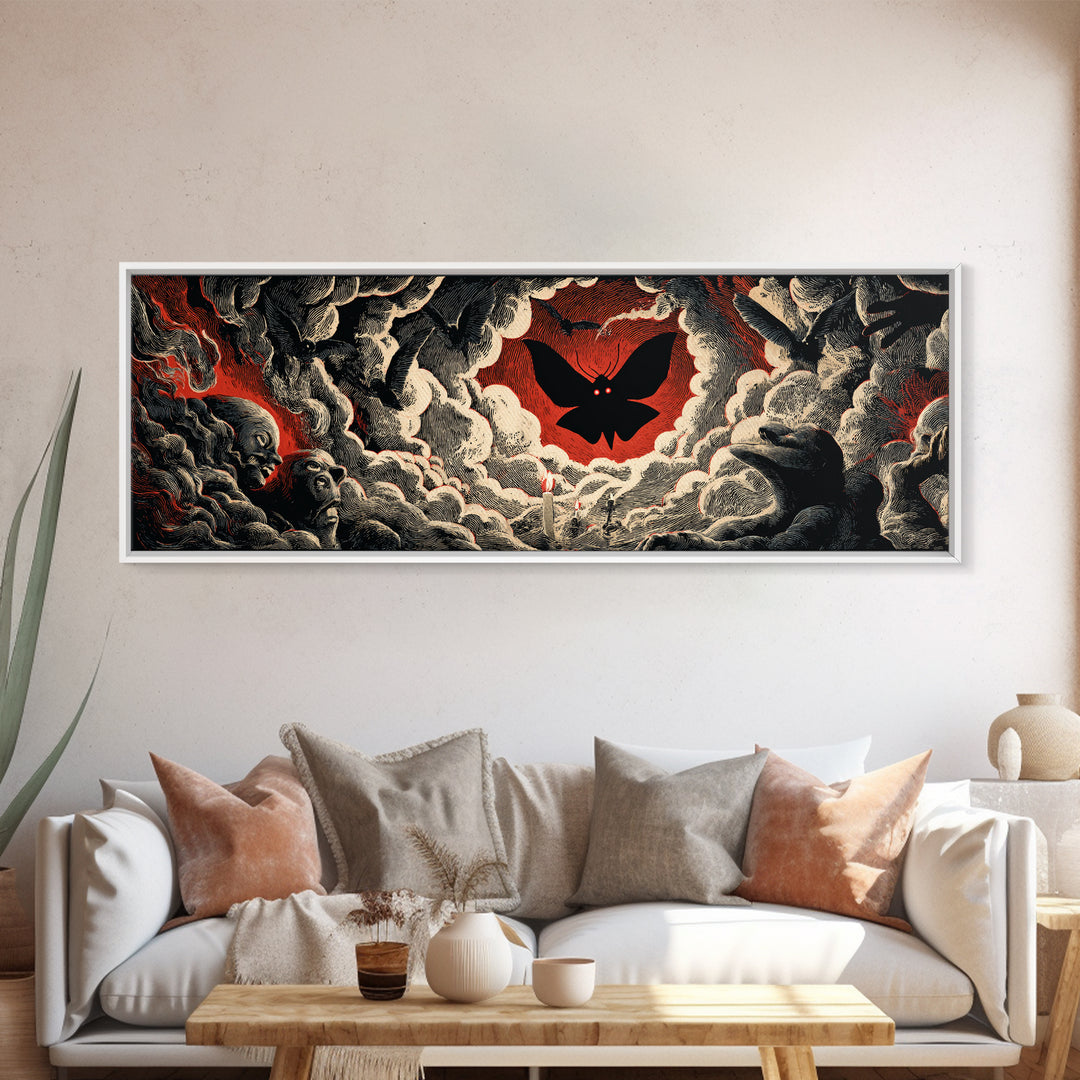 The Red-Eyed Moth Creature, Gothic Nightmare Art, Extra Wide Wall Art, Dark Halloween Decor, Canvas Print, Halloween Wall Art