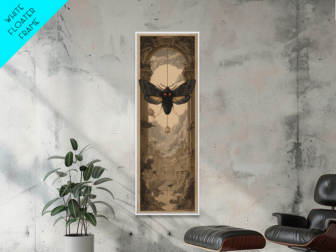 The Red-Eyed Moth Creature, Architectural Etching Art, Tall Narrow Wall Art, Macabre Wall Art, Canvas Print, Horror Wall Art