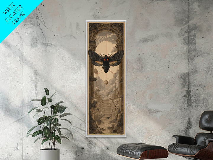 The Red-Eyed Moth Creature, Architectural Etching Art, Tall Narrow Wall Art, Macabre Wall Art, Canvas Print, Horror Wall Art