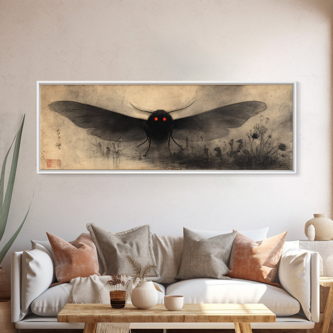 The Red-Eyed Moth Creature, Symbolist Dream Art, Extra Wide Wall Art, Gothic Horror Wall Art, Framed Canvas Print, Halloween Wall Art