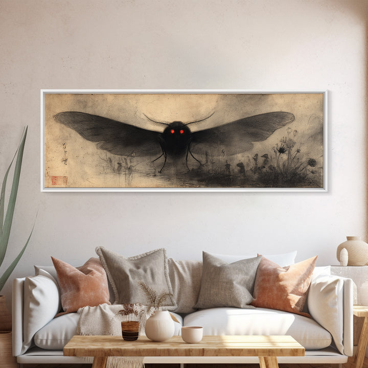 The Red-Eyed Moth Creature, Symbolist Dream Art, Extra Wide Wall Art, Gothic Horror Wall Art, Framed Canvas Print, Halloween Wall Art