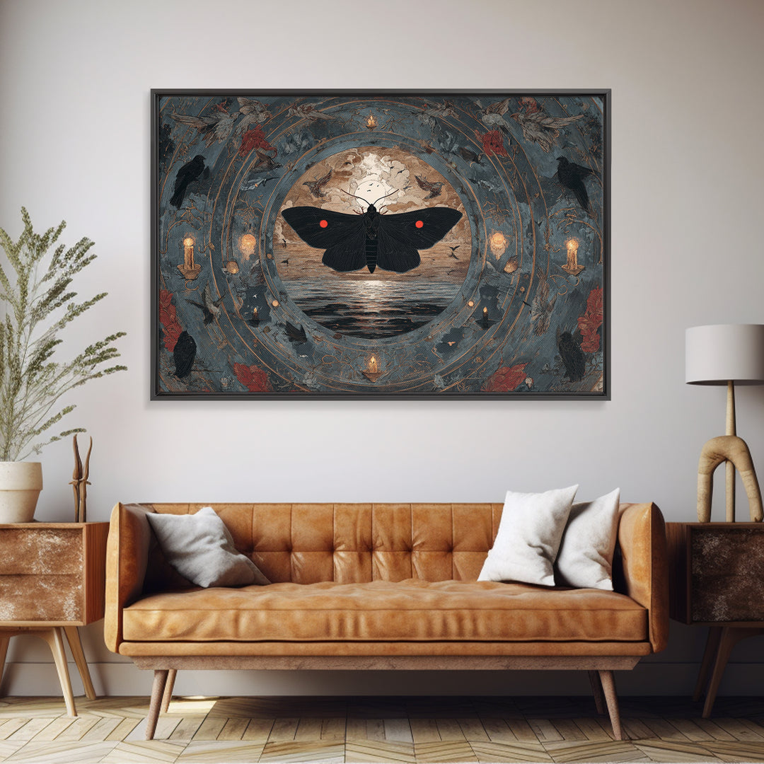 The Red-Eyed Moth Creature, Symbolist Gothic Landscape, Landscape Wall Art, Dark Halloween Decor, Framed Canvas Print, Halloween Wall Art