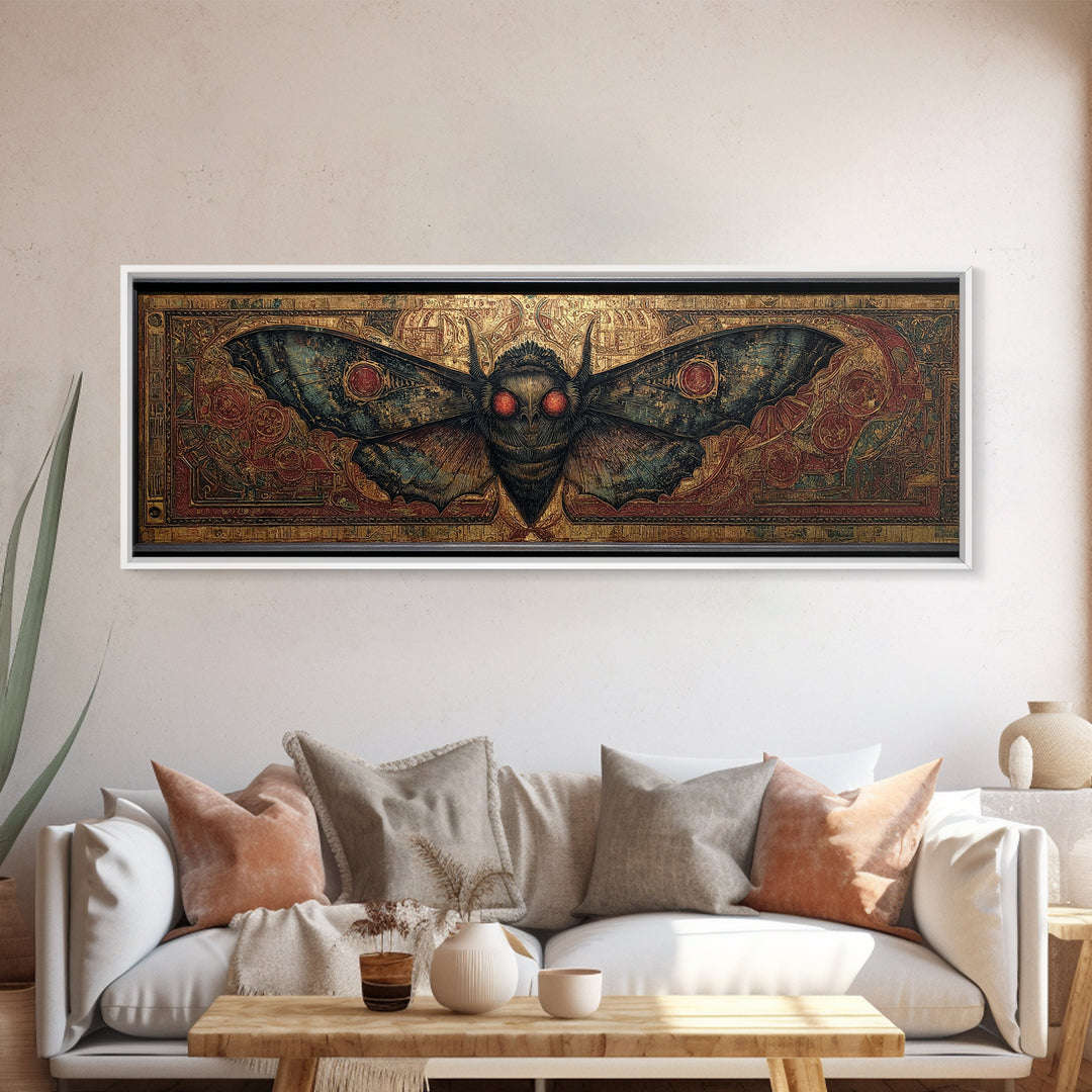 The Red-Eyed Moth Creature, Ornate Symbolist Art, Extra Wide Wall Art, Gothic Horror Wall Art, Canvas Print, Halloween Wall Art