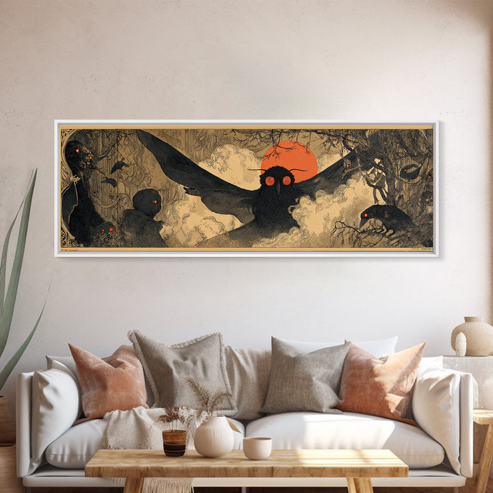 The Red-Eyed Moth Creature, Decadent Gothic Art, Extra Wide Wall Art, Dark Halloween Decor, Canvas Print, Halloween Wall Art